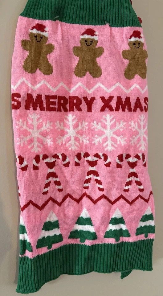 Pup Crew Dog Apparel Pink Knit Sweater With Gingerbread Men, Candy Canes L NWT - Image 2 of 4