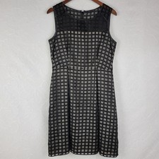 Calvin Klein Womens Dress 12 Black Checkered Sheer Sheath Sleeveless Pleated 
