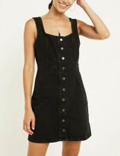 Urban Outfitters Black Denim Mini Dress Size 10 Snap Front Square Neck
