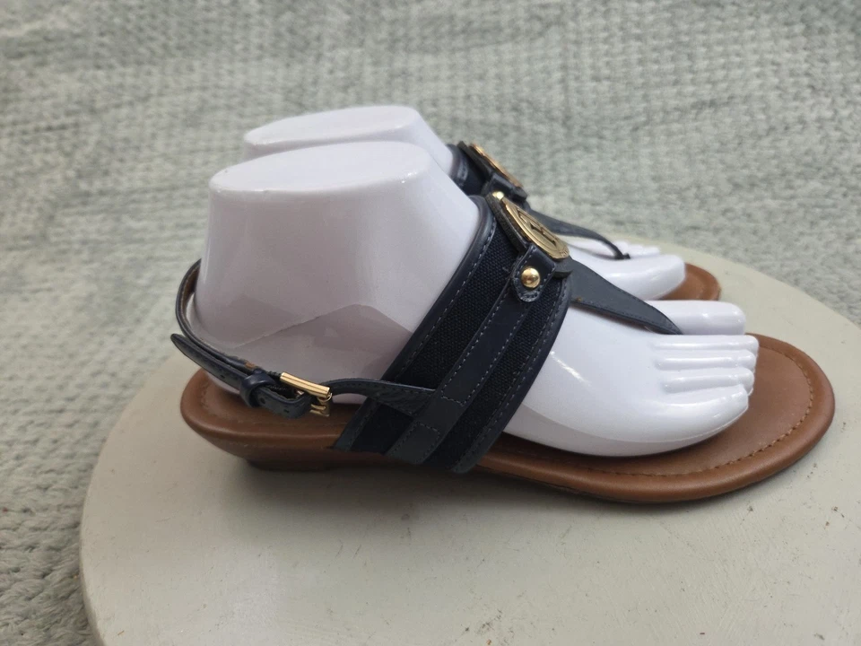 Sandalias chanclas Tommy Hilfiger para mujer 8,5 M cuero azul dorado logotipo con correa trasera Foto 4 de 4