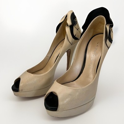 Casadei Italy Peep Toe Platform Heels Beige Black Leather Pumps Size 7B