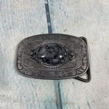 Vintage Belt Buckle Cowboy Western Silver Tone Metal w Polished Stone Center