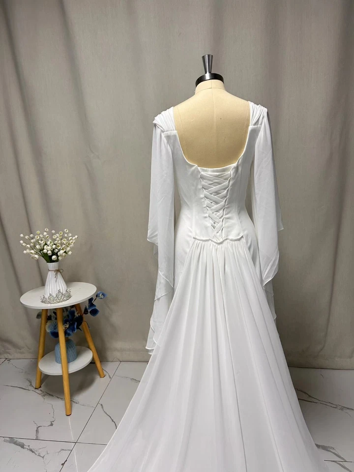 Satin Mermaid Wedding Dresses Long Sleeve Square Neck Sweep Train Bridal Gowns - Image 4 of 4