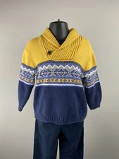 Janie and Jack Sweater Boys Size 2T Shawl Neck Collar Blue Yellow Knit Cotton