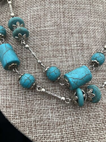 Silver & Turquoise Beaded Necklace 36" long EXC - Picture 2 of 3
