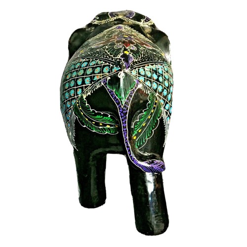 VTG 7"x7" Black Lacquered Solid Wood Asian Elephant Folk Art Hand Carved Painted - Picture 6 of 10