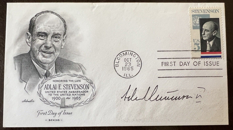 ADLAI STEVENSON, JR SIGNED FDC HONORING FATHER ADLAI STEVENSON SR
