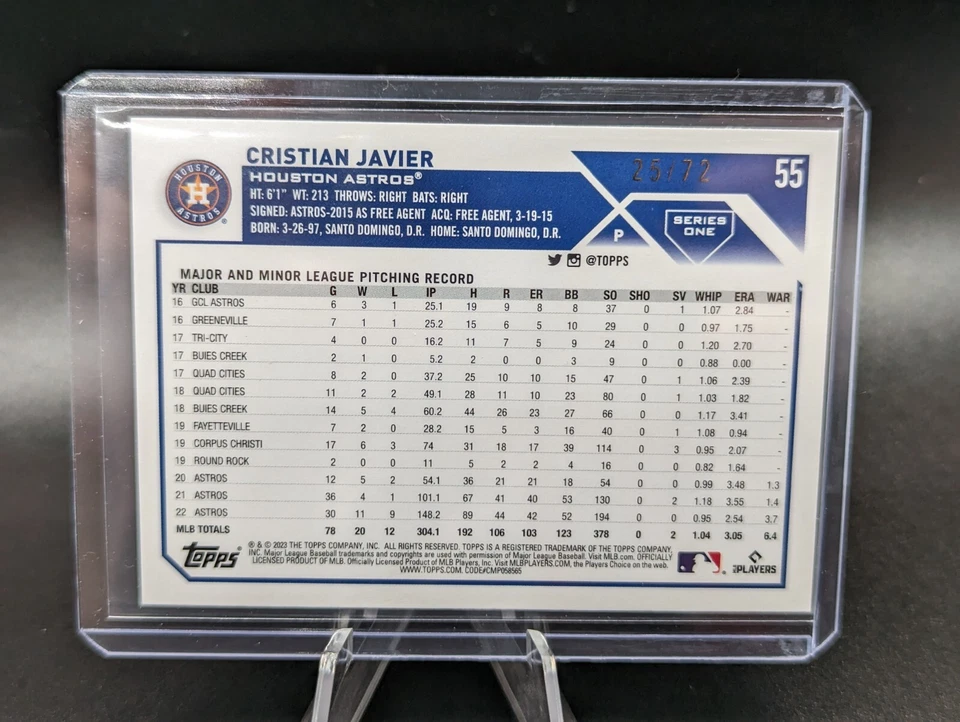 2023 Topps Series 1 Cristian Javier #55 BLACK Parallel /72 Houston Astros - Image 2 of 3