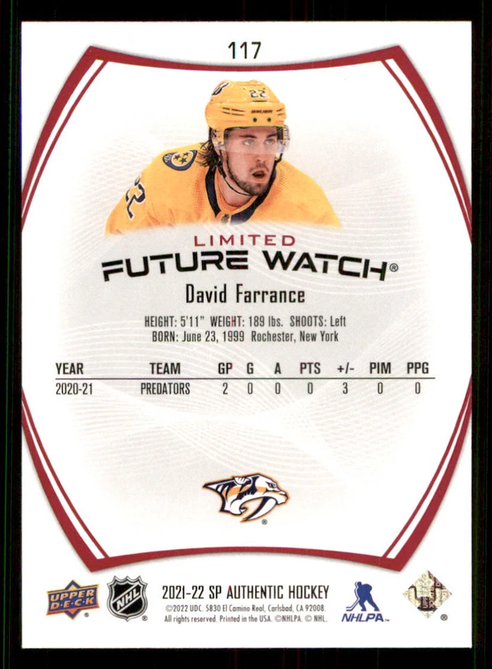 2021-22 SP Authentic Limited Red #117 David Farrance FW - Image 2 of 2