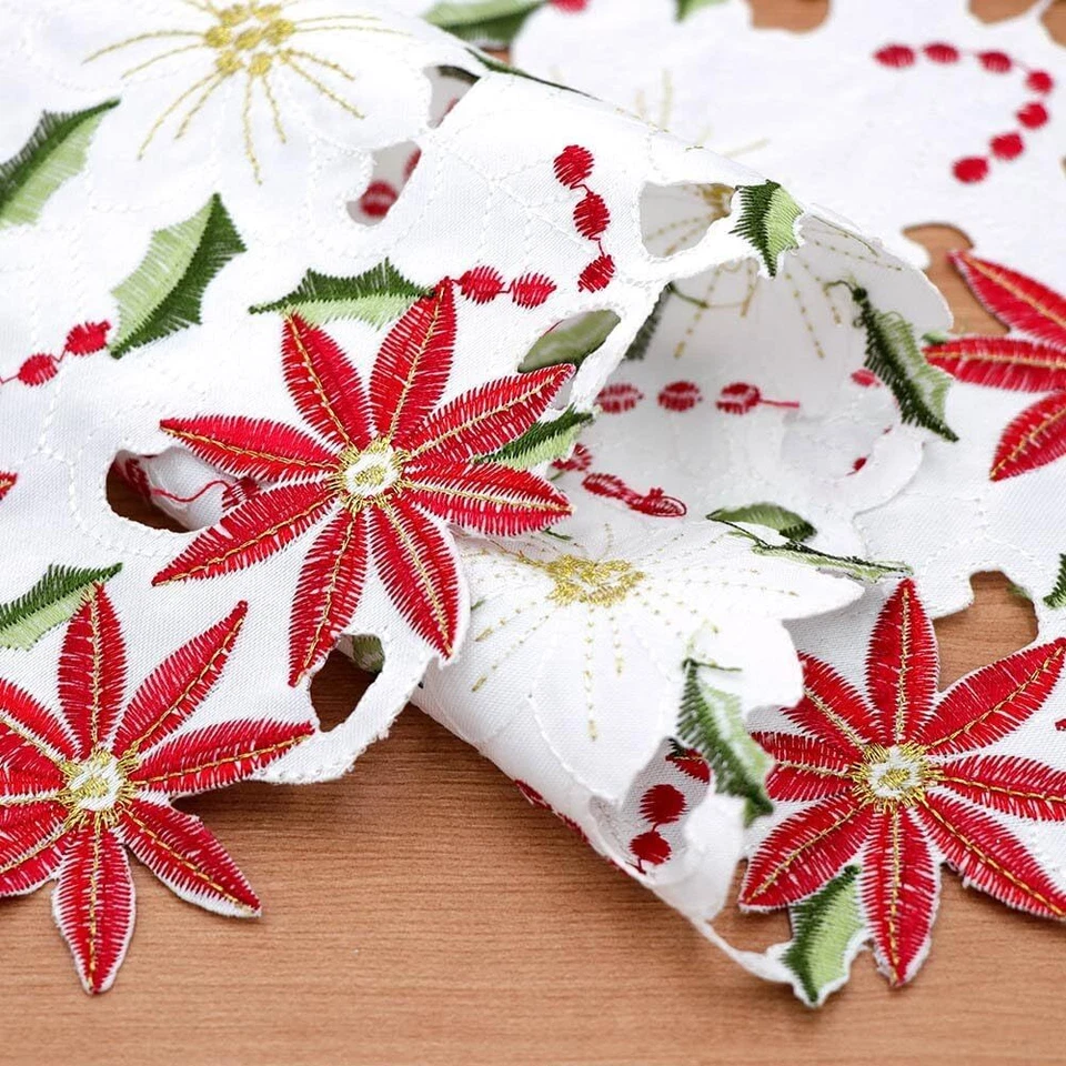 Set of 6 Poinsettia Holly Embroidered Christmas Placemats 12″×17″ Holiday Table - Image 3 of 4