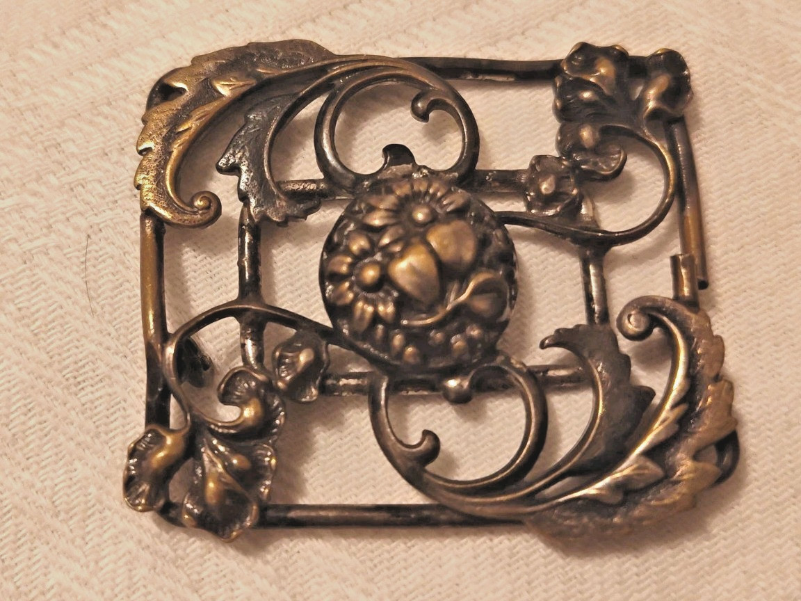 Antique Rectangular Silver Brooch with Floral Des… - image 1