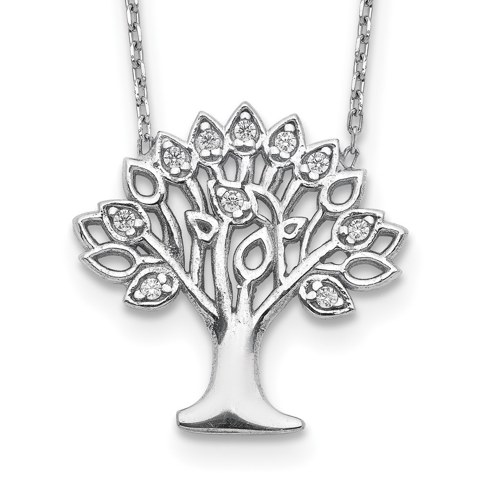 Sterling Silver Rhodium Plated CZ Tree Pendant Necklace 16 Inch with 2 Inch Extender
