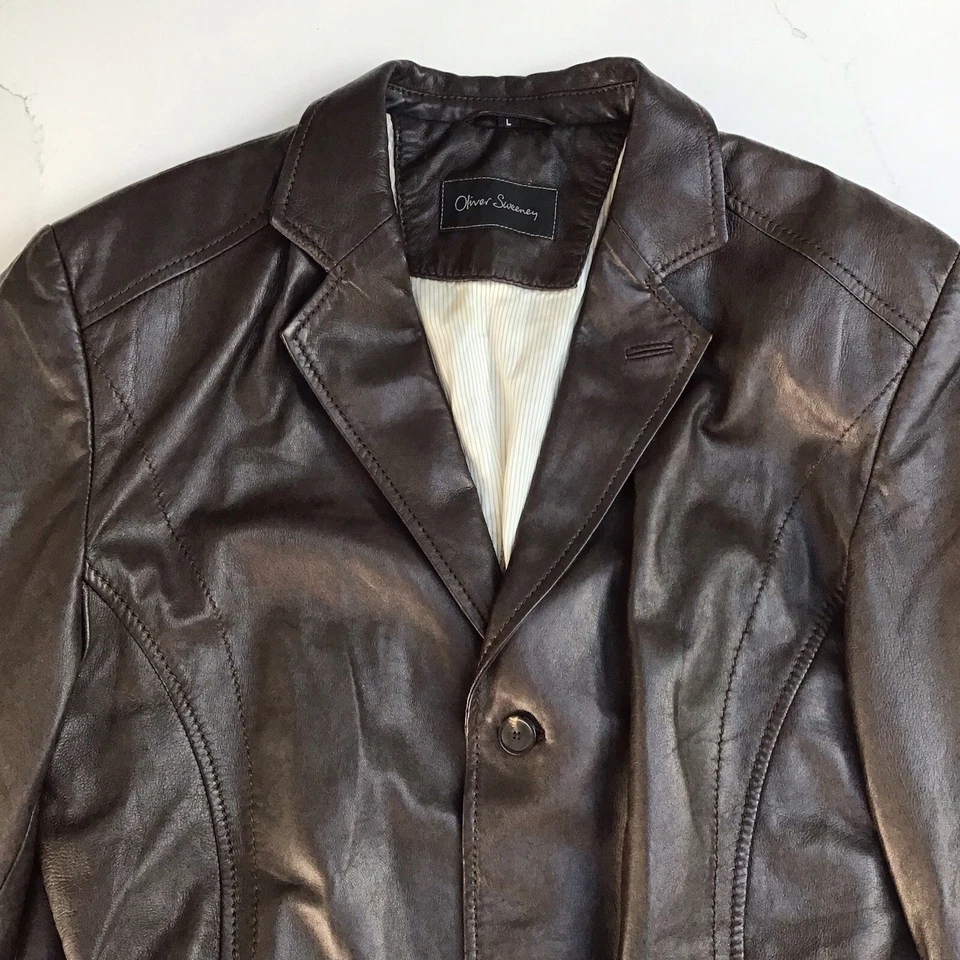 Oliver Sweeney Men's Leather Jacket Brown Large Button Up Pockets Collared Lined - Image 3 of 4