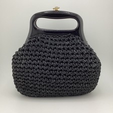 Rare VTG black crochet Raffia clutch handbag Italy Gimbals Black wood Lacquered