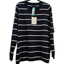 Women's Navy White Stripe Sweater Plus 1X Minimalist Soft Cozy Winter Layering