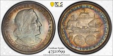 Medio dólar colombiano 1892 tonificado graduación profesional MS65 COLORES CONCÉNTRICOS