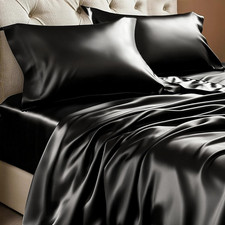 Satin Sheets Queen Size Bed Set, Black, 4 Pieces Luxury Silky Bed Sheets, 15 I