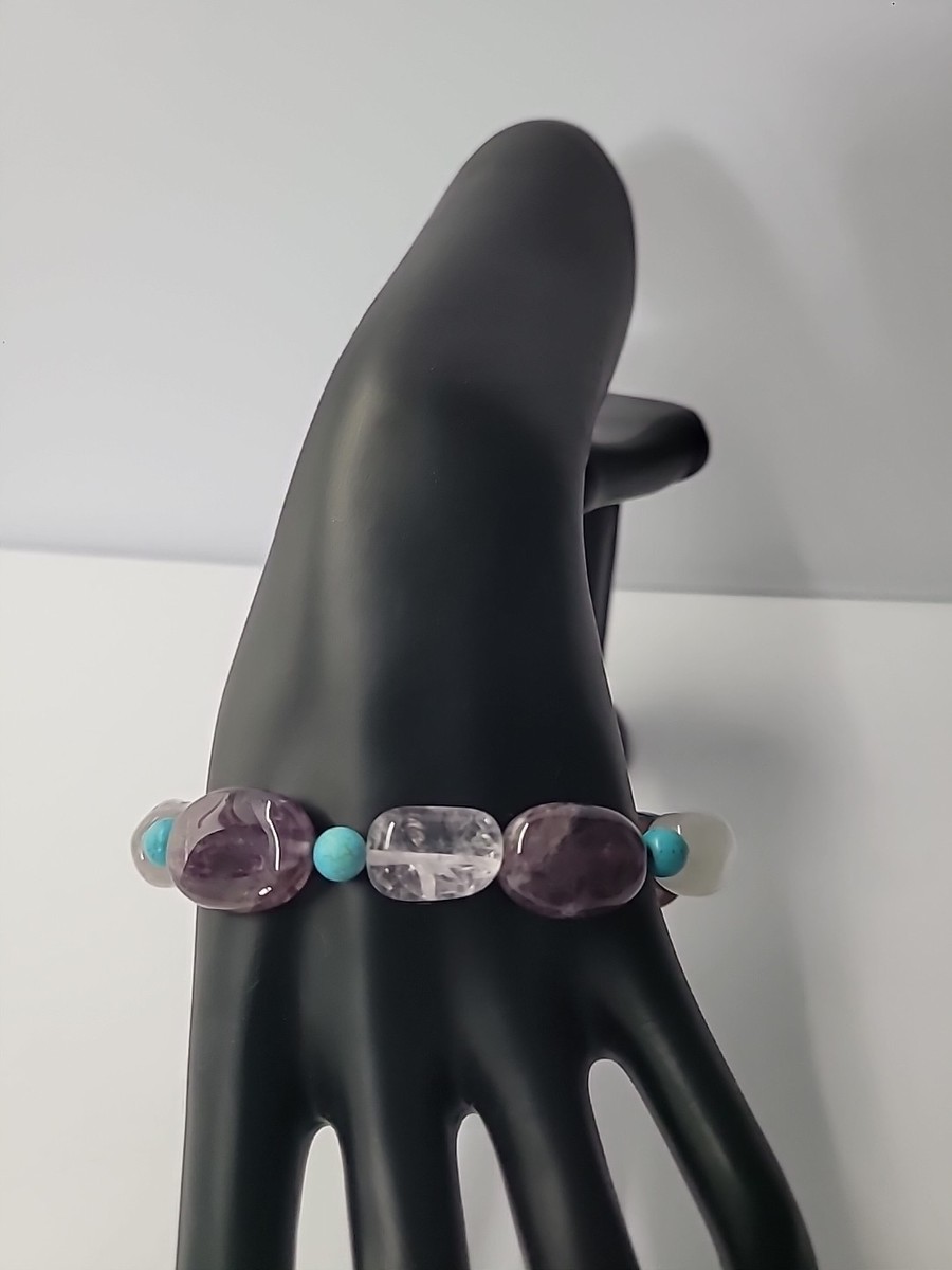 Vintage Handpicked 925 Sterling Silver Amethist Quartz Turquoise Beaded Bracelet View 3