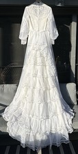 Vtg Bridallure By Alfred Angelo Lace Ruffle Train Wedding Dress USA Size 8