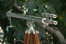 Antique Nautical Floor Standing Brass Chrome Telescope With Wooden Tripod Stand