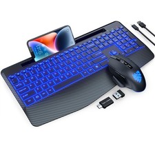 Wireless Keyboard and Mouse Backlit, Wrist Rest, LED Mouse, Rechargeable Ergo...