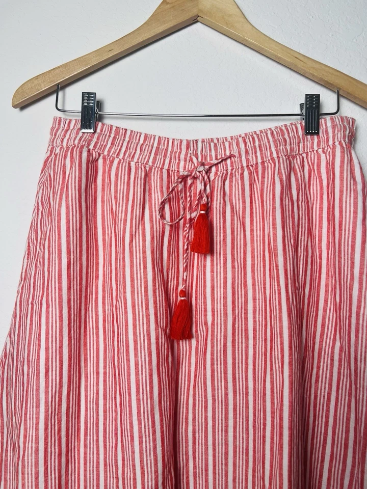 Maxi Falda Talbots Mezcla de Lino Rayas Rojas Talla M Forrada Volantes Acampanada Borla Boho Foto 3 de 4