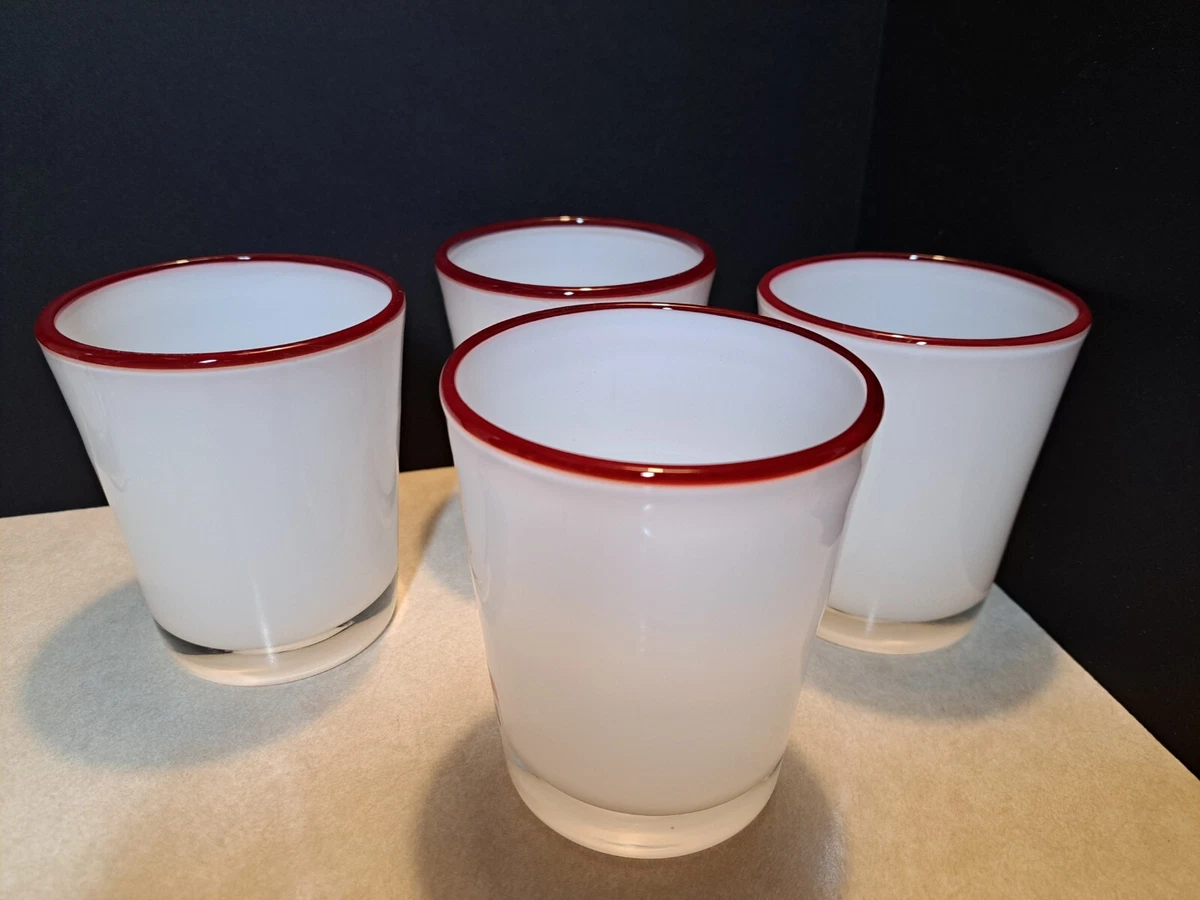 4 white drinking glasses tumblers hand blown red rim 4.5 tall art glass  Vintage