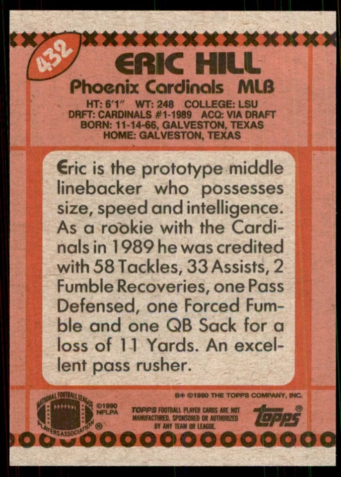 1990 Topps Eric Hill Football Cards #432 - Image 2 of 2