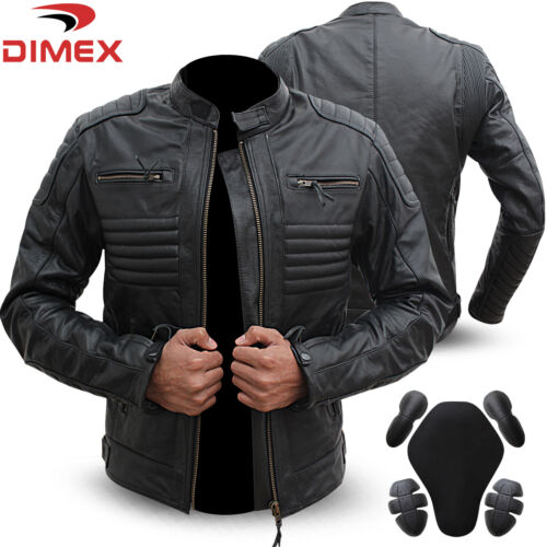 Chaqueta de Cuero de Motocicleta Genuina Negra Motociclista con Armadura CE Negra - Imagen 1 de 7