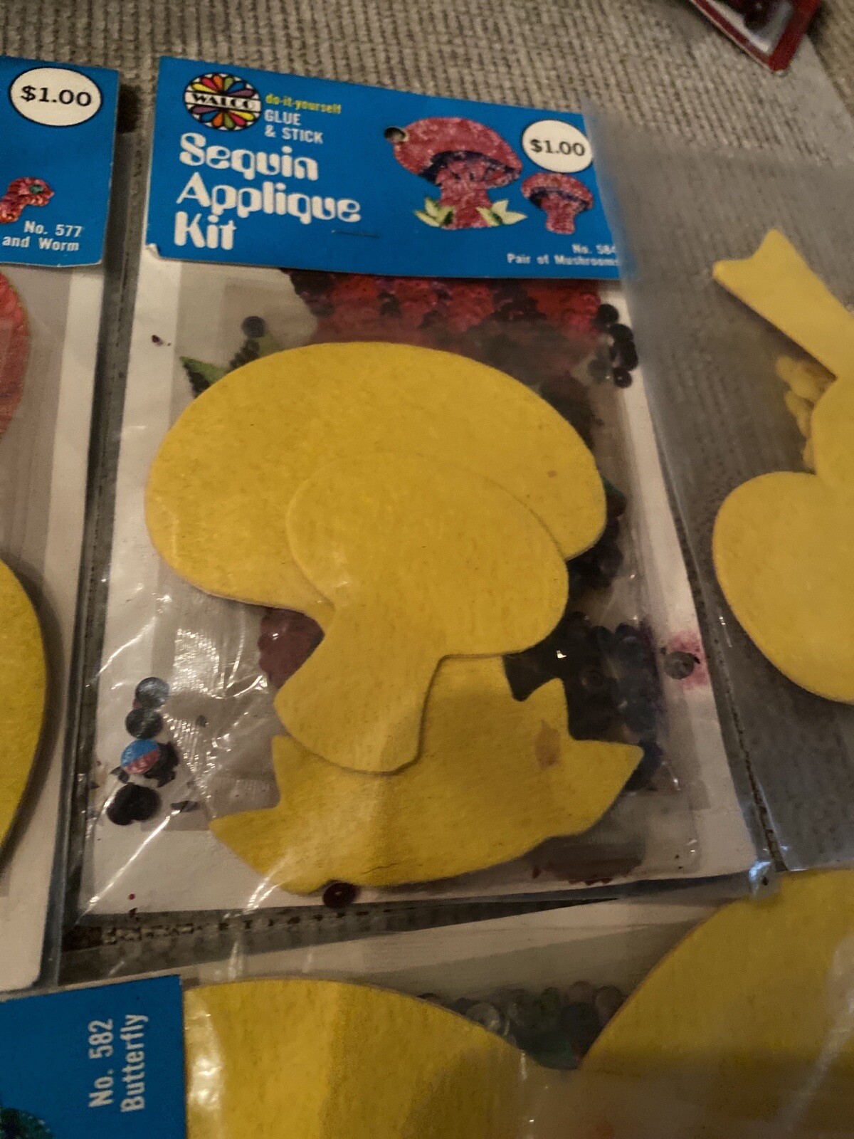Sequin Applique Glue Stitch Kit Vintage Walco Apple Mushroom Butterfly