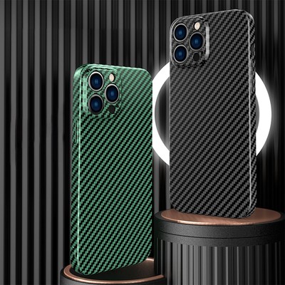 For iPhone 15 14 13 12 11 Pro Max Slim Carbon Fiber Mag Safe Case Lens Protector