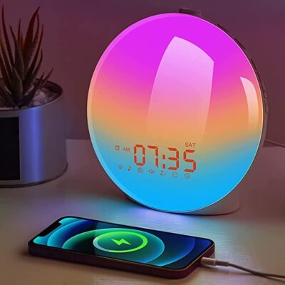Wake up alarm clock, colorful ambient lights, simulate sunrise and sunset light