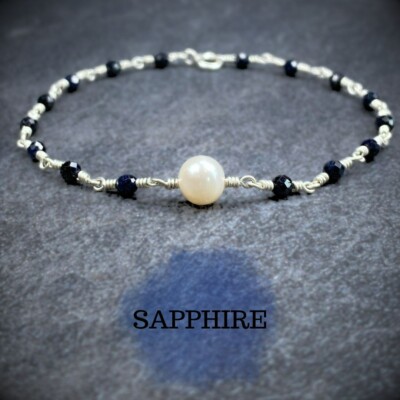 Sapphire Pearl Bracelet Blue 935 Argentium Silver Wire