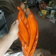 Mid Century Modern Large Ceramic Retro Ashtray Orange Glaze pine cone accents