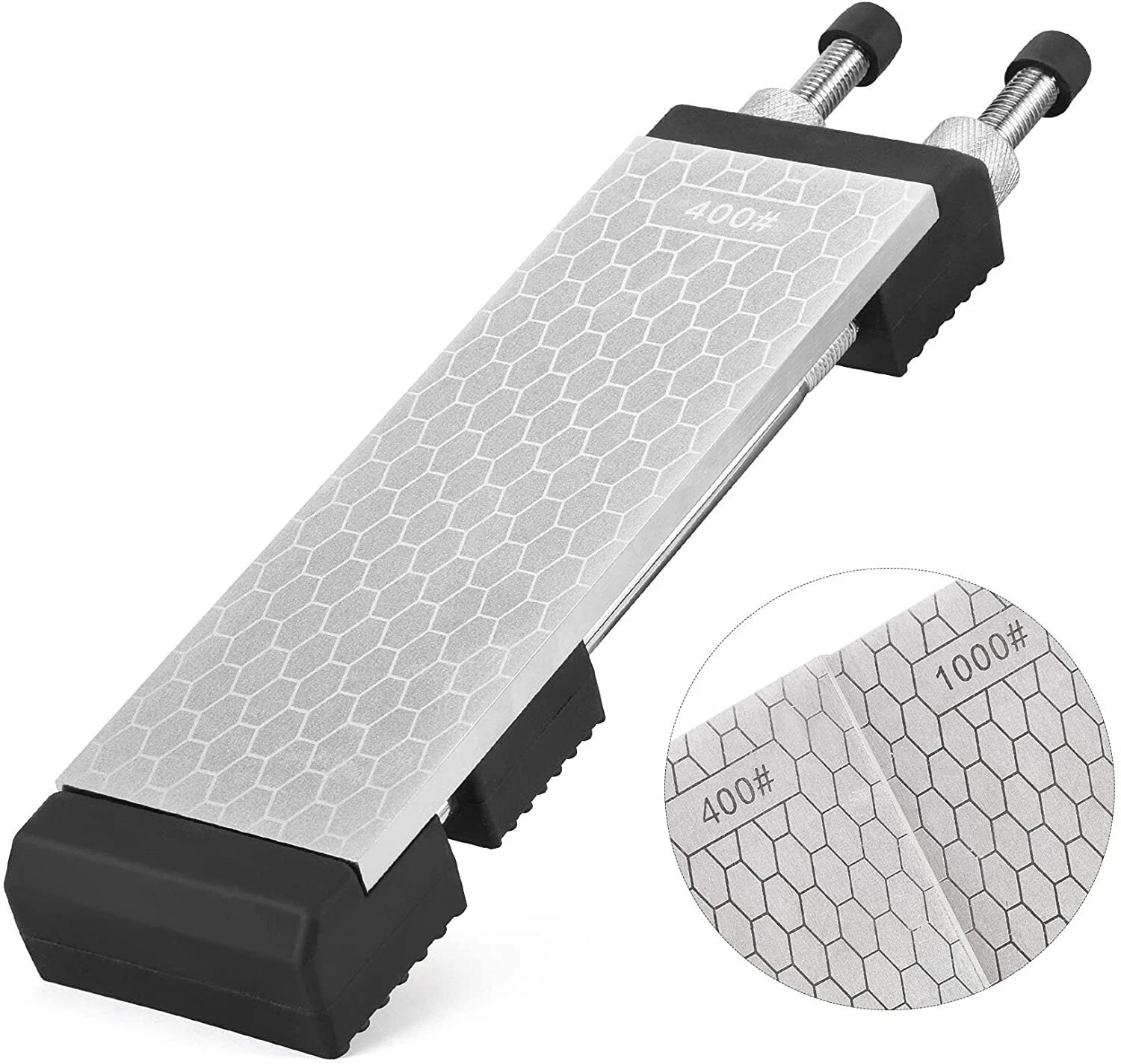 8in Diamond Sharpening Bench Stone Double Sided 400/1000 Grit W/ Non-Slip Holder