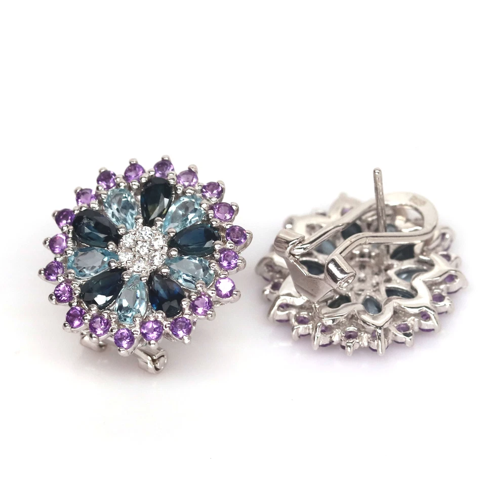 伦敦蓝色带天空蓝色黄玉、紫水晶和立方氧化锆耳环 925 银 — 第 3/4 张图片