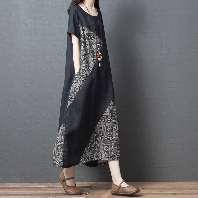 Women Loose Cotton Linen Dress Short Sleeve Skirt Ethnic Patchwork Midi  Boho New | eBay