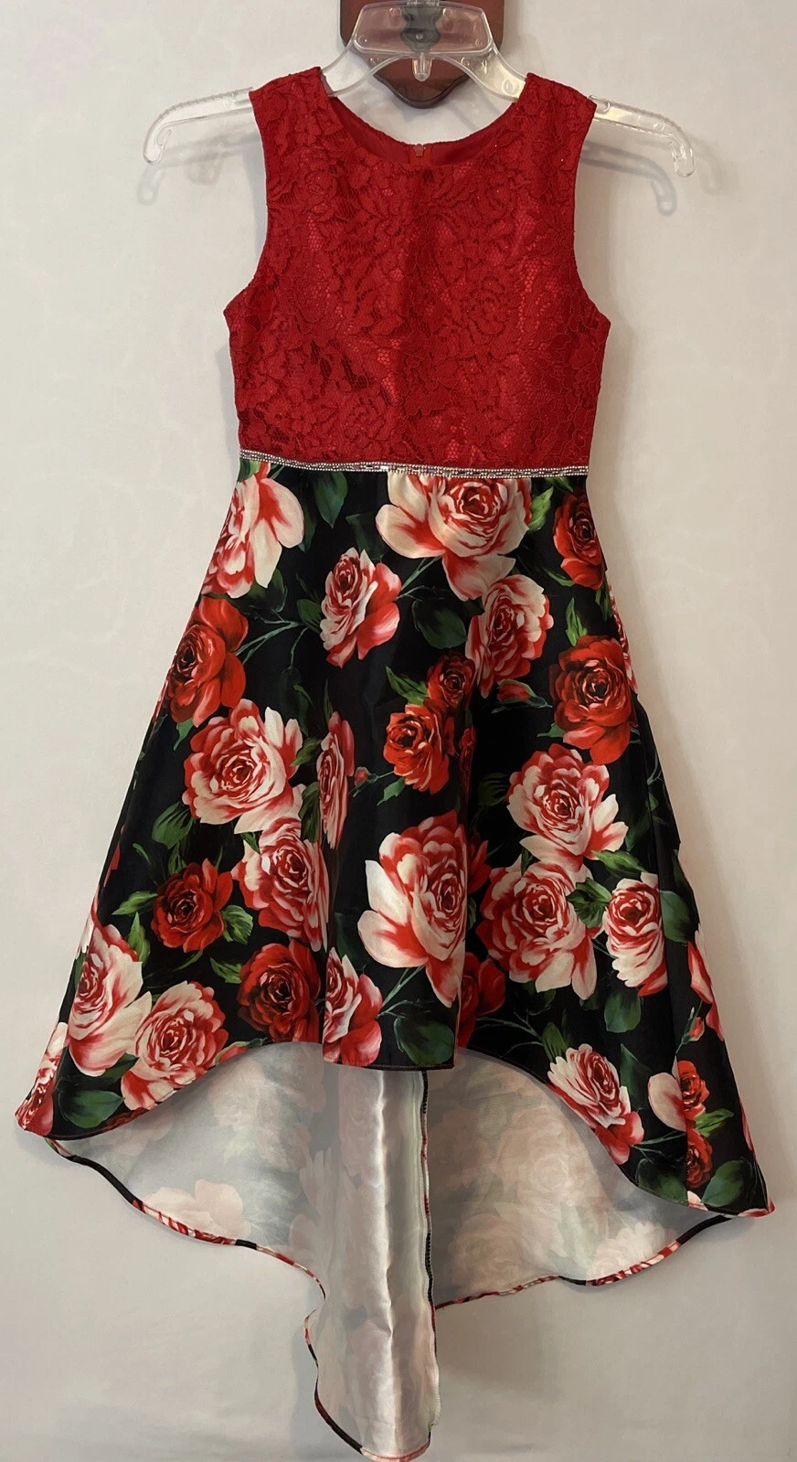 Rare Editions Girls Size 8 Red Rose Print Sleeveless Lined Holiday Dress! A6503