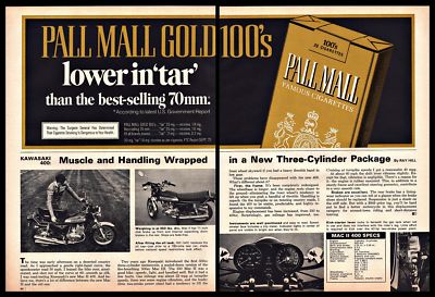 1974 Pall Mall Cigarettes Vintage PRINT AD Gold 100s Kawasaki 400  Motorcycle