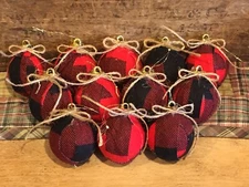 Primitive Mini Rag Ball Christmas Ornaments Bowl Fillers Set of 12 Buffalo Plaid