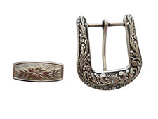 Metal Silver Rhinestone/Crystal Western Floral Belt Buckle Set