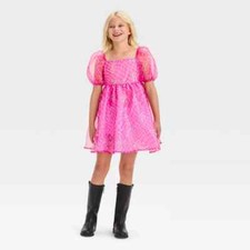 Barbie Girls Halloween Costume Organza Puff Sleeve Dress Pink Cosplay NWT M 7 8