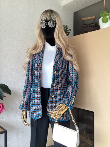 A340 ZARA TWEED BLAZER JACKET TEXTURED GOLD BUTTONS BLUE PINK BOUCLE COAT - M - Picture 6 of 23