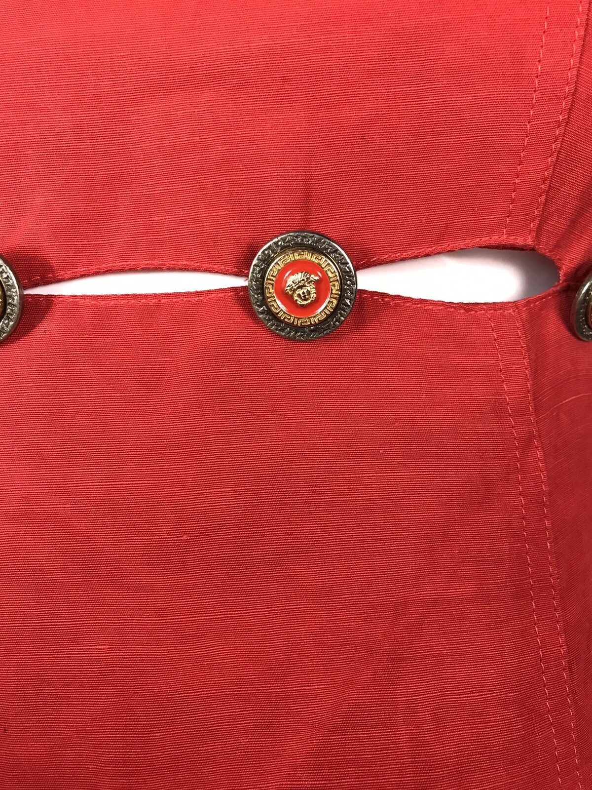 Mini abito vintage Gianni Versace anni '90 rosso con bottoni Medusa XS