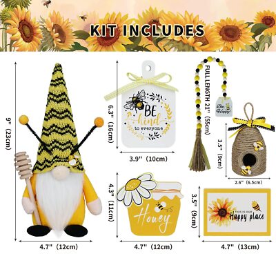 Summer Decoration Gnome Plush 3 Signs Bee Hive Wood Garland Indoor Tabletop 6PCS