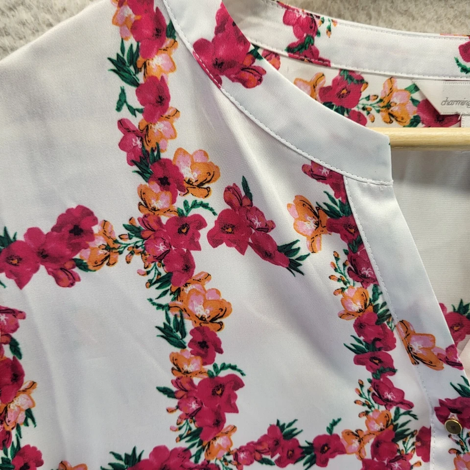 Encantadora Blusa Charlie Henley Mujer Grande Blanca Floral Pullover Boho Cuello en V Foto 3 de 4