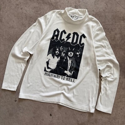 Y2K AC/DC Highway to Hell Graphic Mock Neck Long Sleeve Tee White Size L