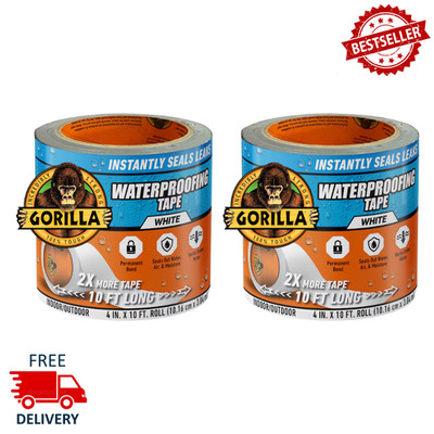 Gorilla Waterproof Patch & Seal Tape White, 4'' x 10ft, Permanent Repair, 2 Pack