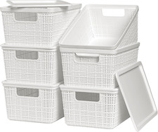 6 Pack Plastic Storage Baskets with Lid,White Stackable Bins Durable Woven Pla