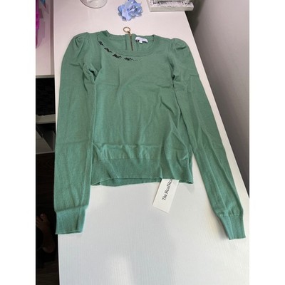 Patrizia Pepe Sage Green Puff Sleeve Sweater Embroidered Neckline Back Zip Sz 1